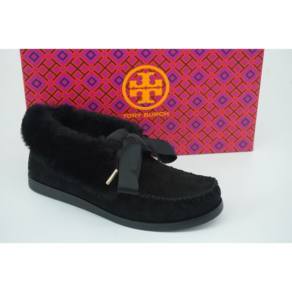 Tory Burch Aberdeen Genuine Rabbit Fur Trim Slipper Bootie Size 6 NIB Black Bow - Picture 1 of 11